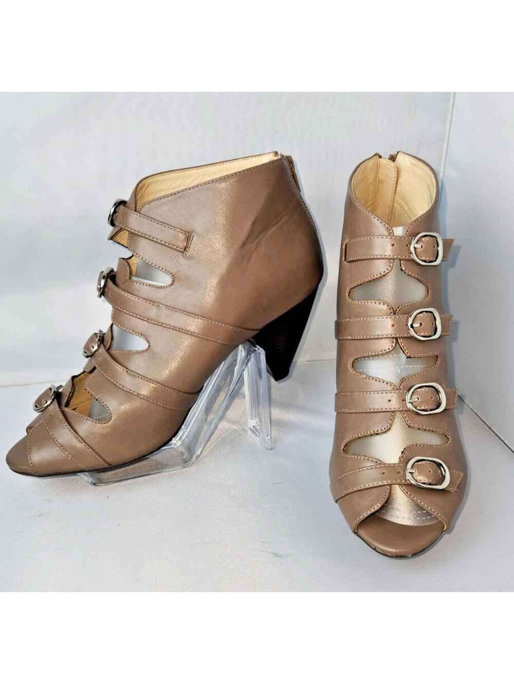 CATO Taupe Strappy Peep Toe Ankle Boots with Buckles and Zipper Size 10